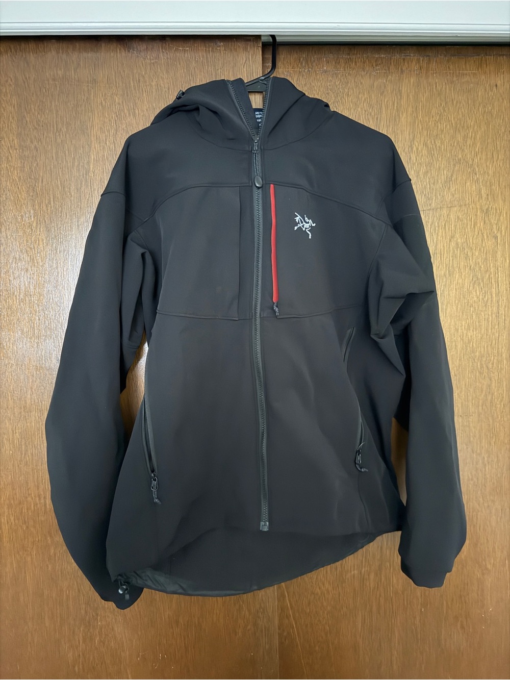 Arc'teryx Black Hooded Softshell Jacket with Red Chest Zip
